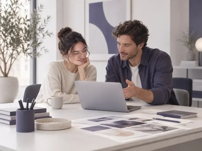 Twee professionals van Bureau Avant bespreken marketing, communicatie en creatieve ideeën samen aan een laptop in een moderne werkomgeving.