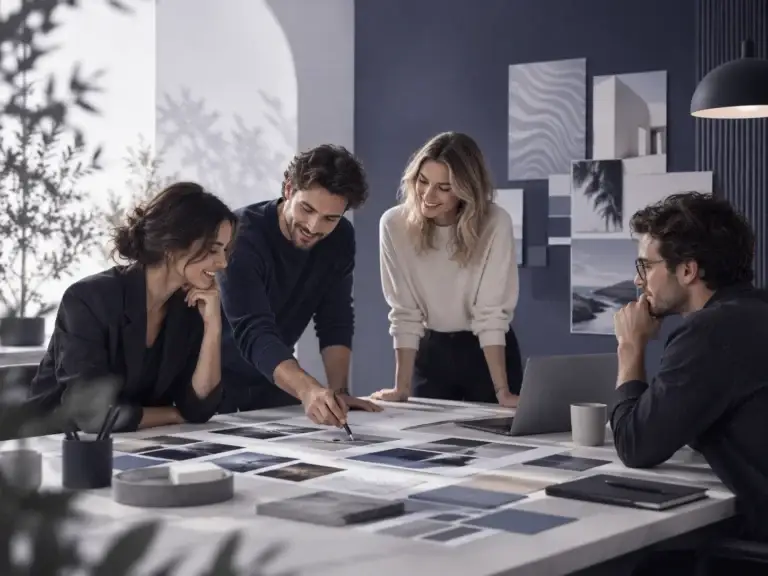 Creatief team werkt samen aan marketingstrategie en visuele concepten bij Bureau Avant.