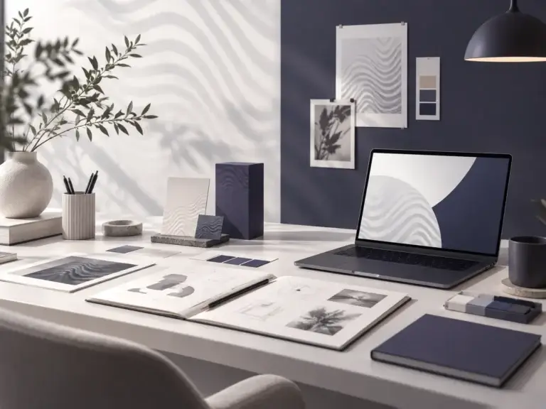 Moderne werkplek met brandingmaterialen, kleurstalen en creatieve ontwerpen in Bureau Avant-stijl.
