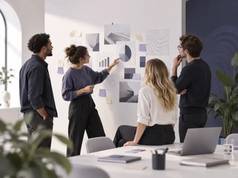 Creatief bureau bespreekt nieuwe ideeën voor marketing, communicatie en campagnes.