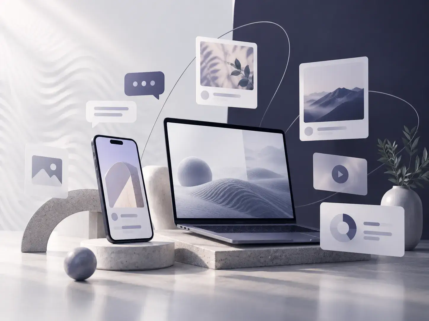 Digitale apparaten en visuele content illustreren online communicatie en contentmarketing.