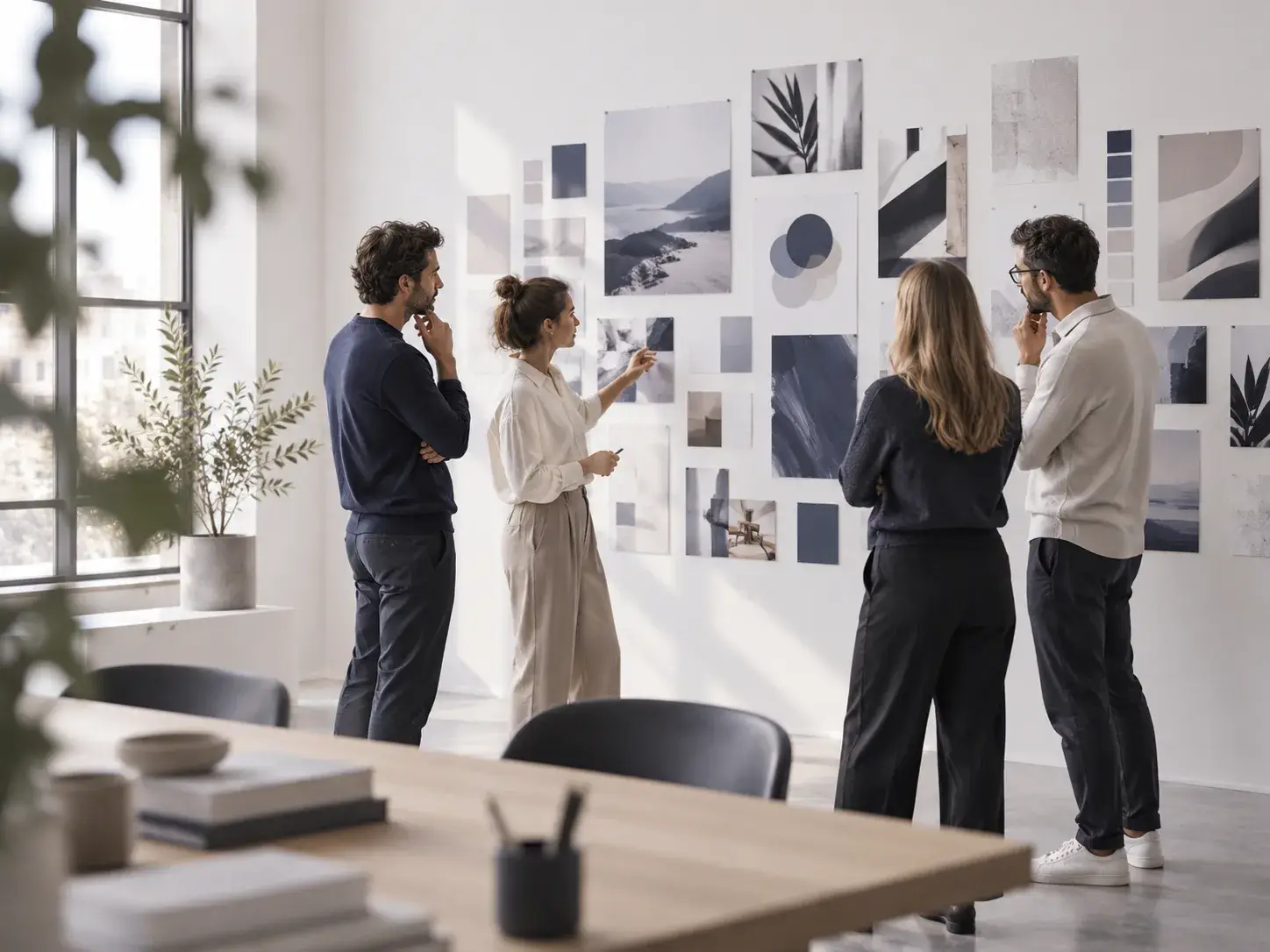 Creatieve professionals bespreken visuele concepten en communicatiestrategie tijdens een gezamenlijke sessie.